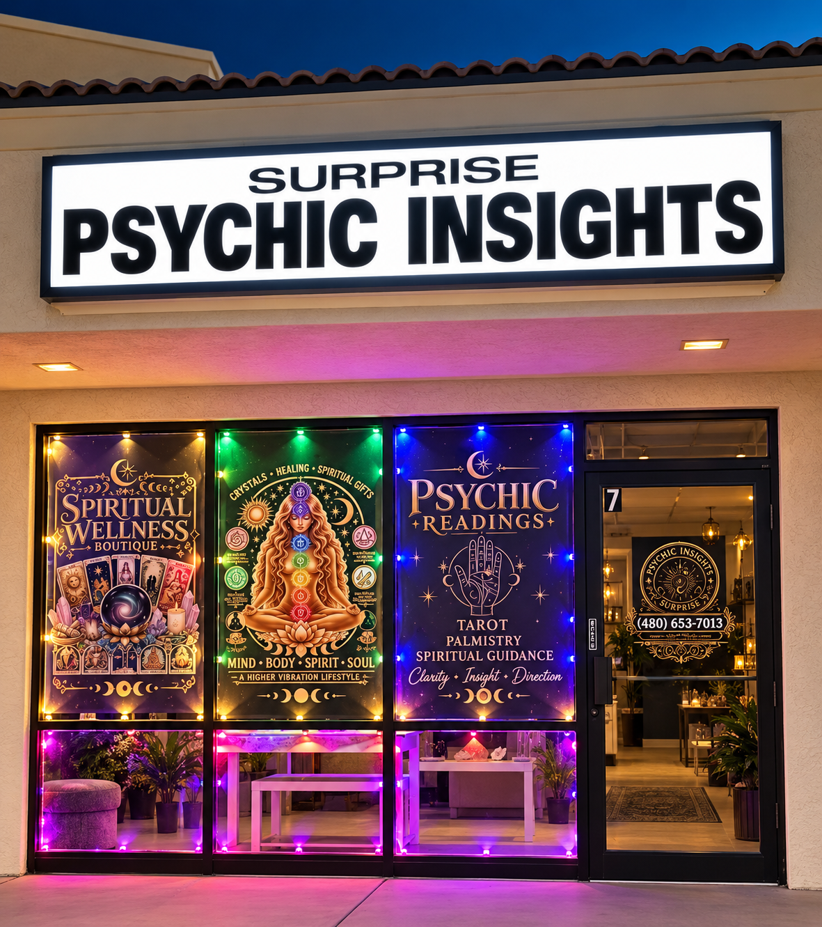 Surprise Psychic Insights storefront on West Bell Road at dusk, with illuminated window displays