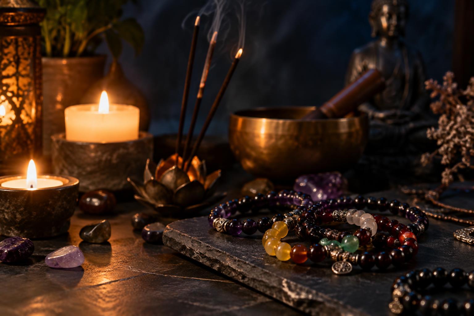 Candles, incense and chakra gemstone bracelets in warm candlelight