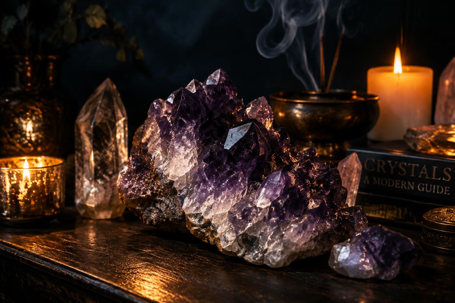 Amethyst and quartz crystals lit by candlelight