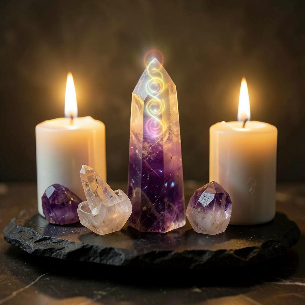 Natural crystals glowing in warm candlelight